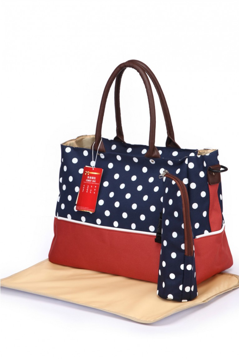 Polka Dot Diaper Bag / Mummy Bag - Dark Blue + Brown