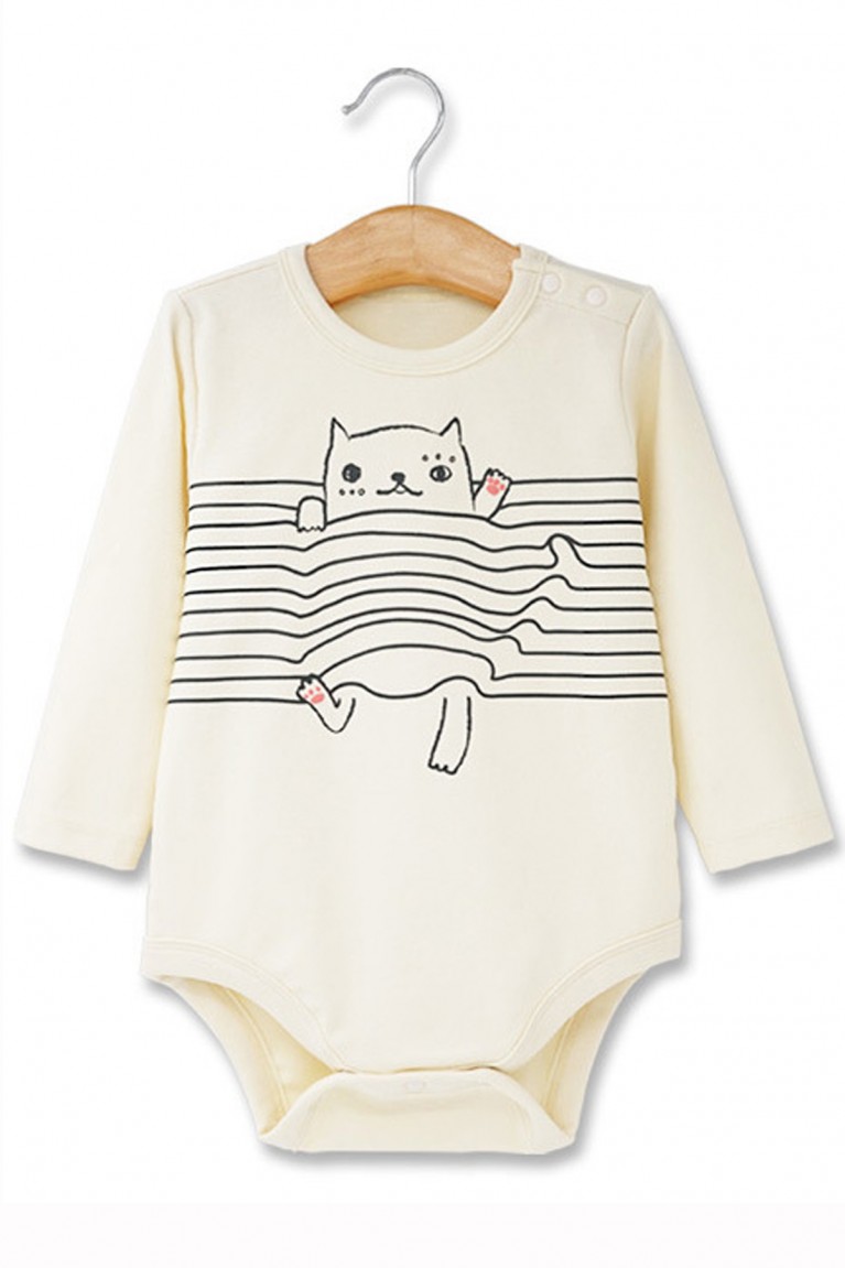Cute Cat Cartoon Printed Baby Romper -White