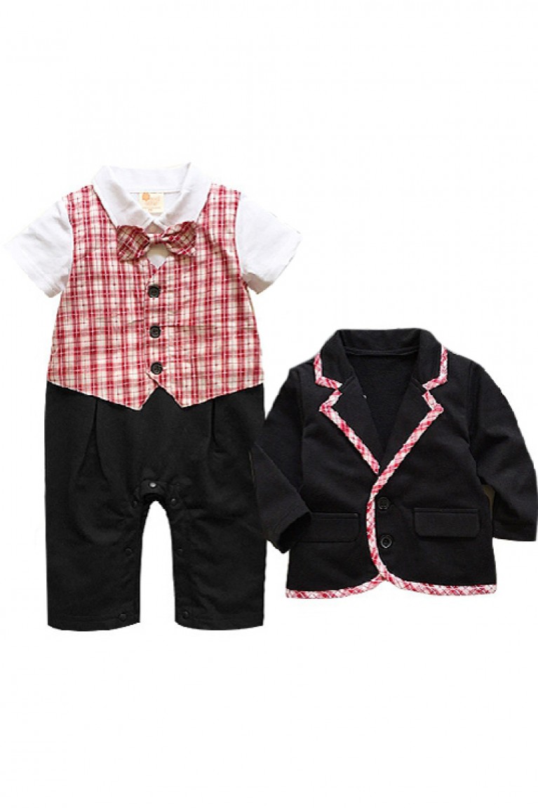 Formal Suit Bow Style With Red Checker Design Baby Romper(2pcs Set)-Red