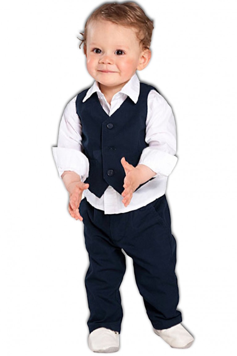 Kids Long Sleeves Top + Vest + Pants (3pcs Set) - Dark Blue+White