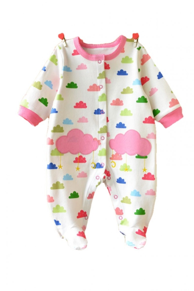 Cloud Print Long Sleeve Baby Romper - White