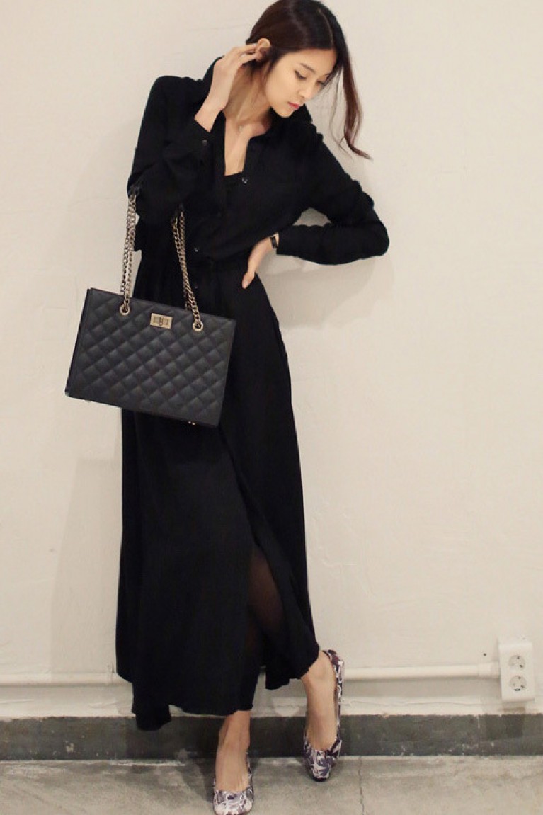 Collared Long-sleeves Long Dress - Black