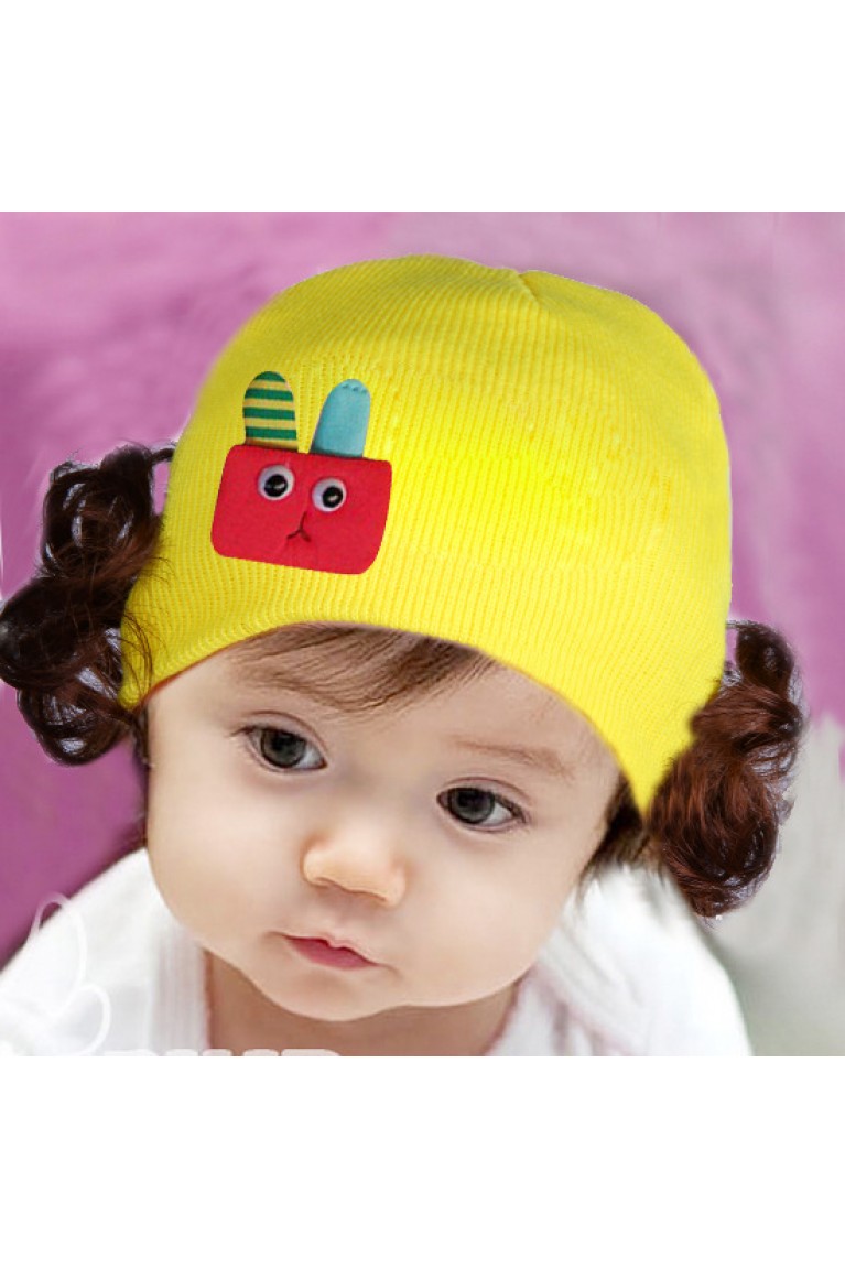 Cute Cartoon on Beanie With Wig 