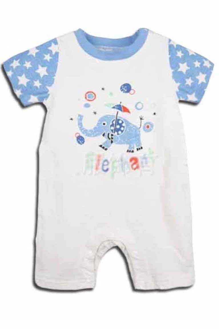 Elephant Print Baby Romper - Dirty White + Blue