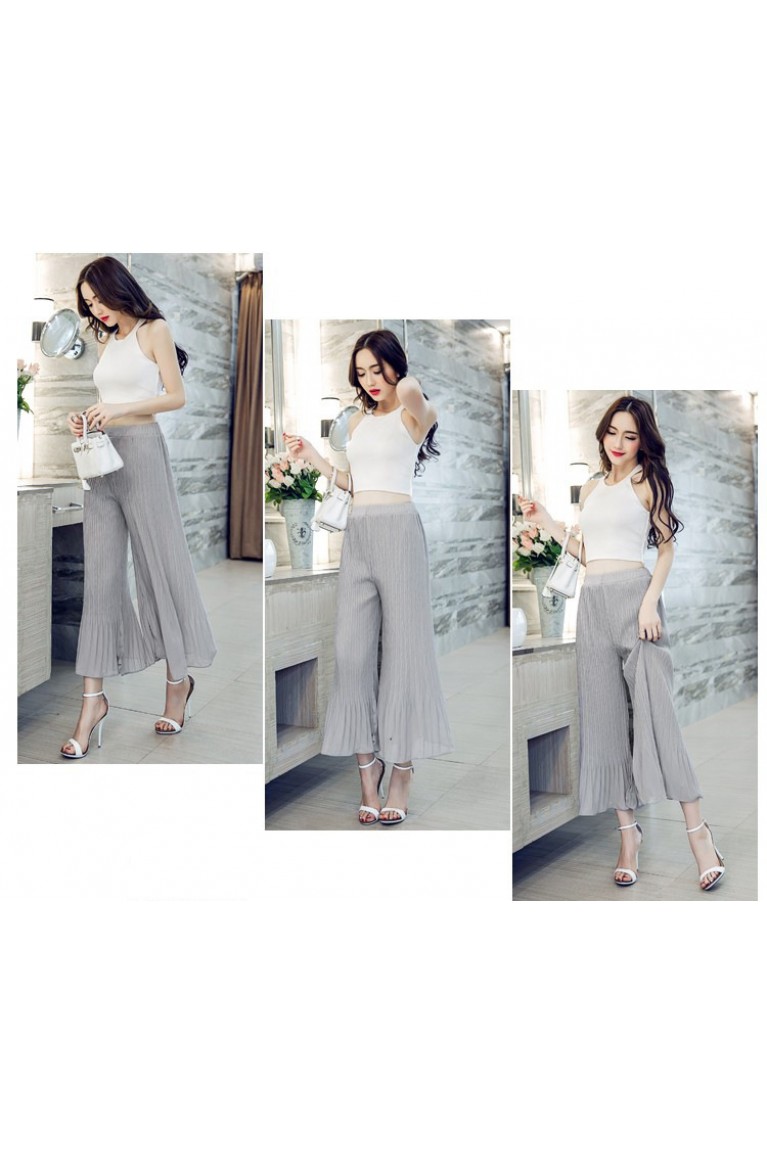 Tiny Pleats Ladies Chiffon Flared Pants - Grey