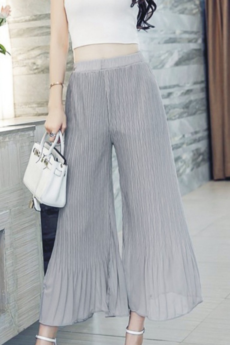 Tiny Pleats Ladies Chiffon Flared Pants - Grey