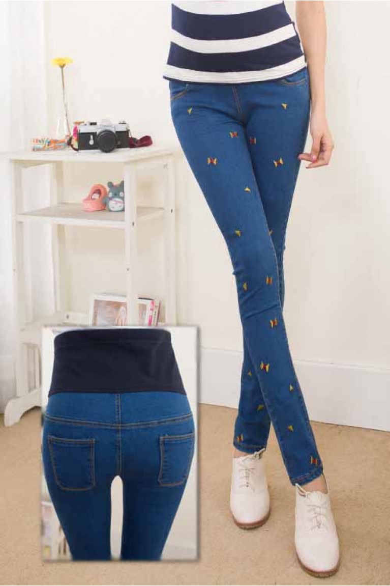 Maternity Small Bowknot Embroidery Jeans