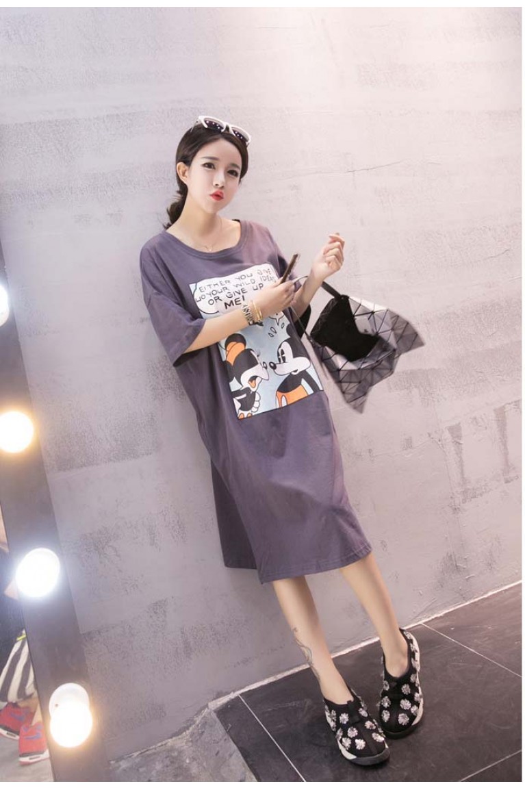 M.Mouse Print Maternity Short Sleeves Dress - Purple