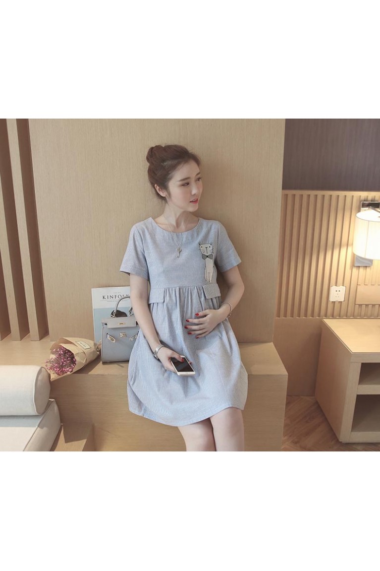 Cute Cat Print Short Sleeved Maternity Dress - Blue ( M, L, XL )