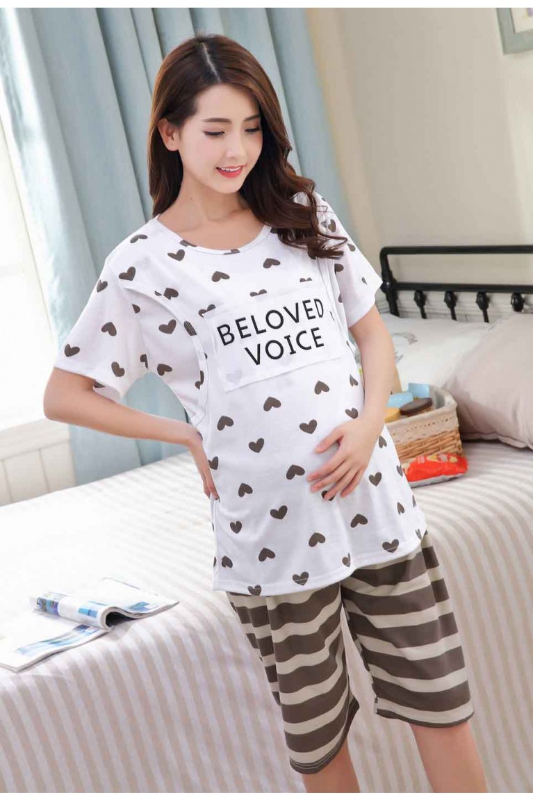 Love + Stripes Design Short Sleeve Maternity + Nursing Confinement Set / Sleep Wear ( L) - White + Brown