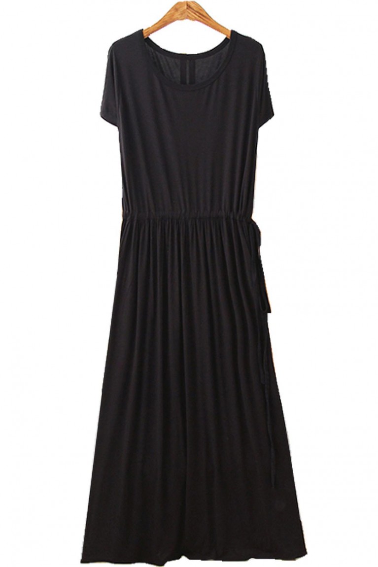 Short Sleeve Maternity Dress With Waist Tie - Black