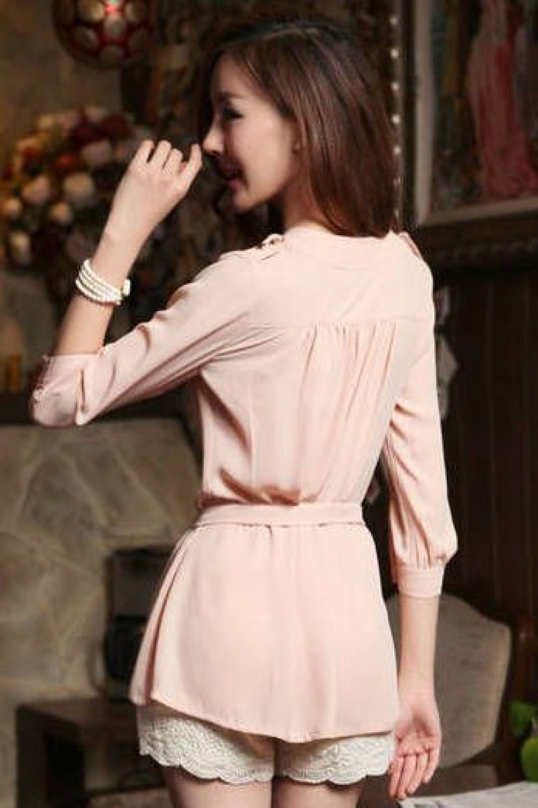 Collar Button Plain Chiffon Blouse