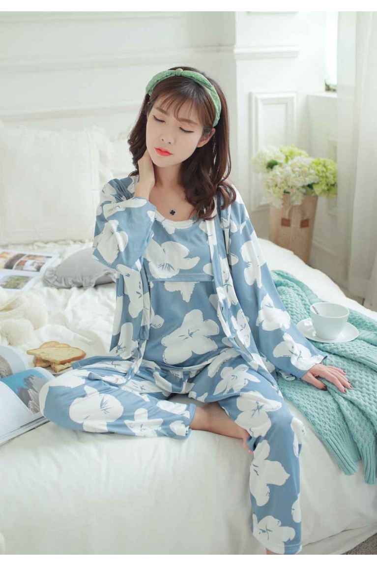 3pcs Set Maternity + Nursing Confinement Set / Sleep Wear ( M, L ) - Blue