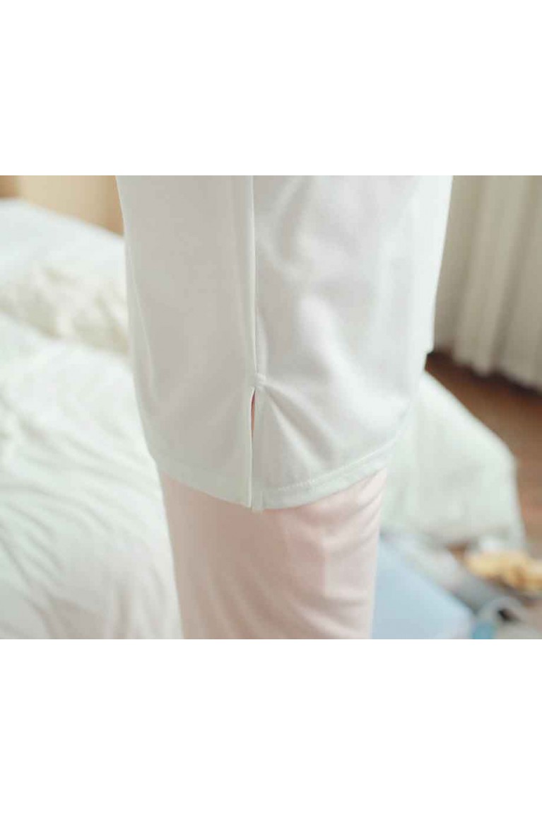 Eyelashes Design Long Sleeve Maternity + Nursing Confinement Set / Sleep Wear ( M ) - White + Pink
