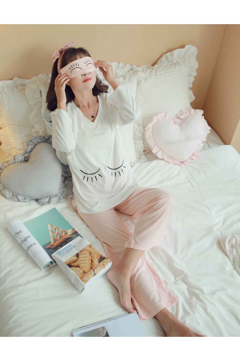 Eyelashes Design Long Sleeve Maternity + Nursing Confinement Set / Sleep Wear ( M ) - White + Pink