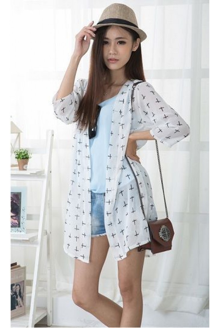 Cross Print Sheer Chiffon Ladies Cardigan