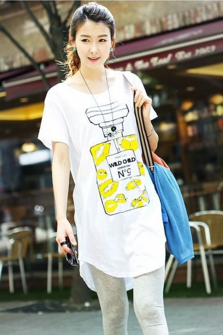 Perfume Bottle Print Ladies Tee Shirt Dress - White