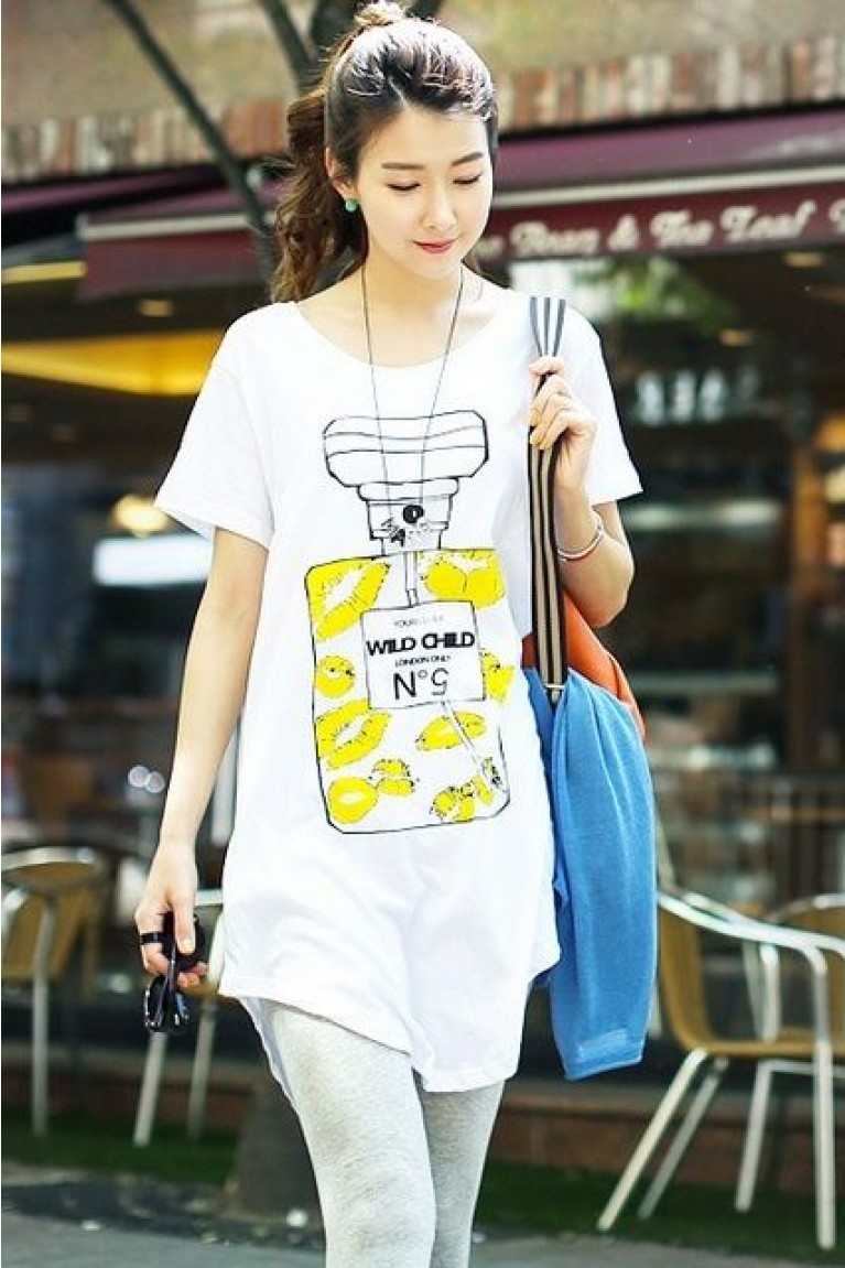 Perfume Bottle Print Ladies Tee Shirt Dress - White