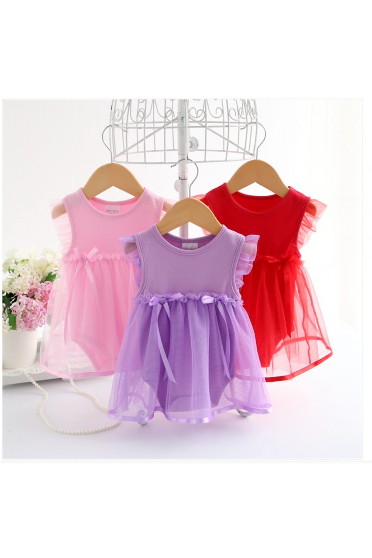Ribbon Sleeveless Baby Romper +Mesh Dress-Pink