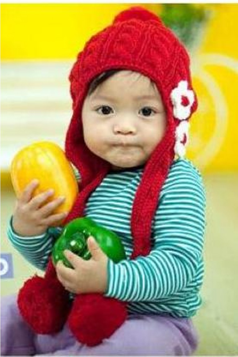 Hand Knitted Twin Flower  Beanie Hat - Red