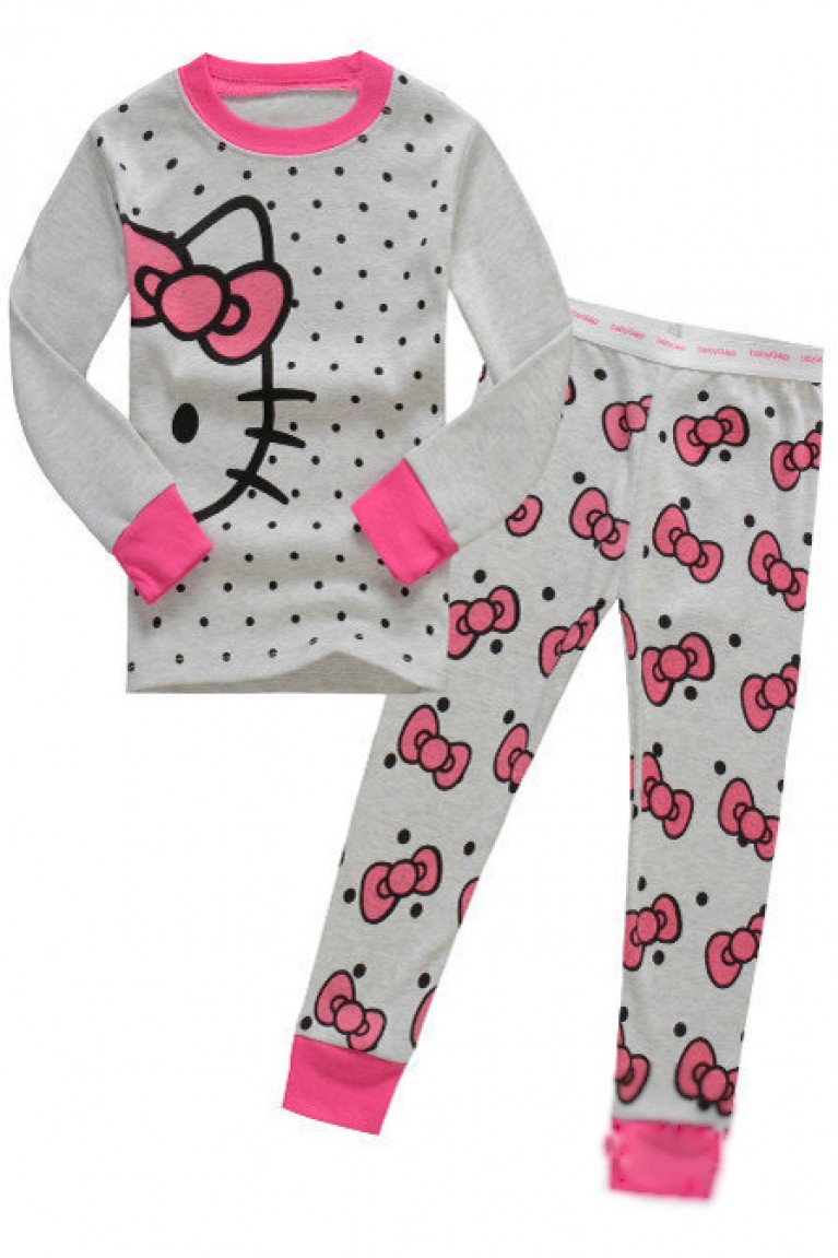 Cute H. Kitty Print Pyjamas+Long Pants (2pcs/set)- Grey+Magenta