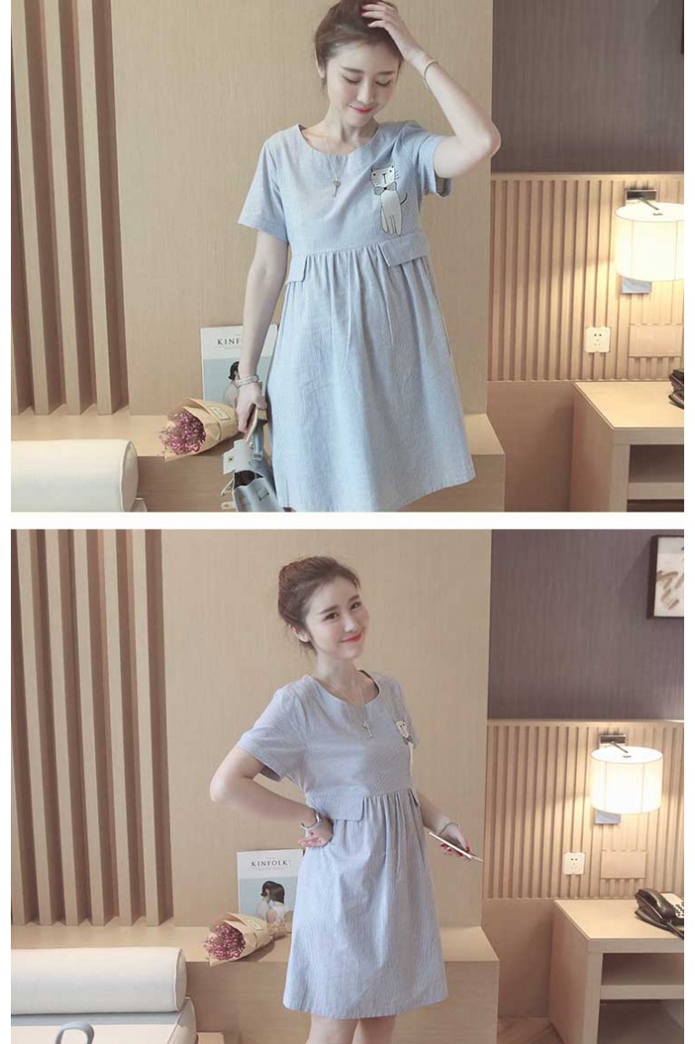 Cute Cat Print Short Sleeved Maternity Dress - Blue ( M, L, XL )