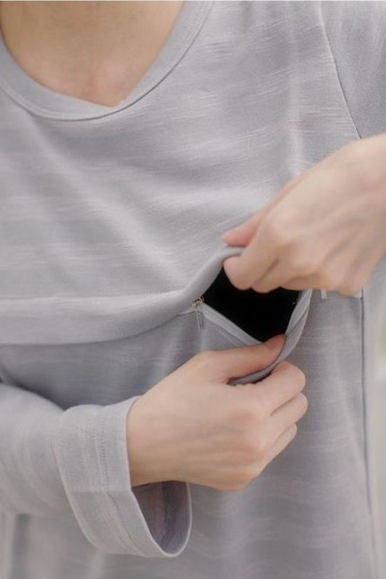 SGM81425 : Stripe Long Sleeves Maternity + Nursing Blouse - Grey ( M)