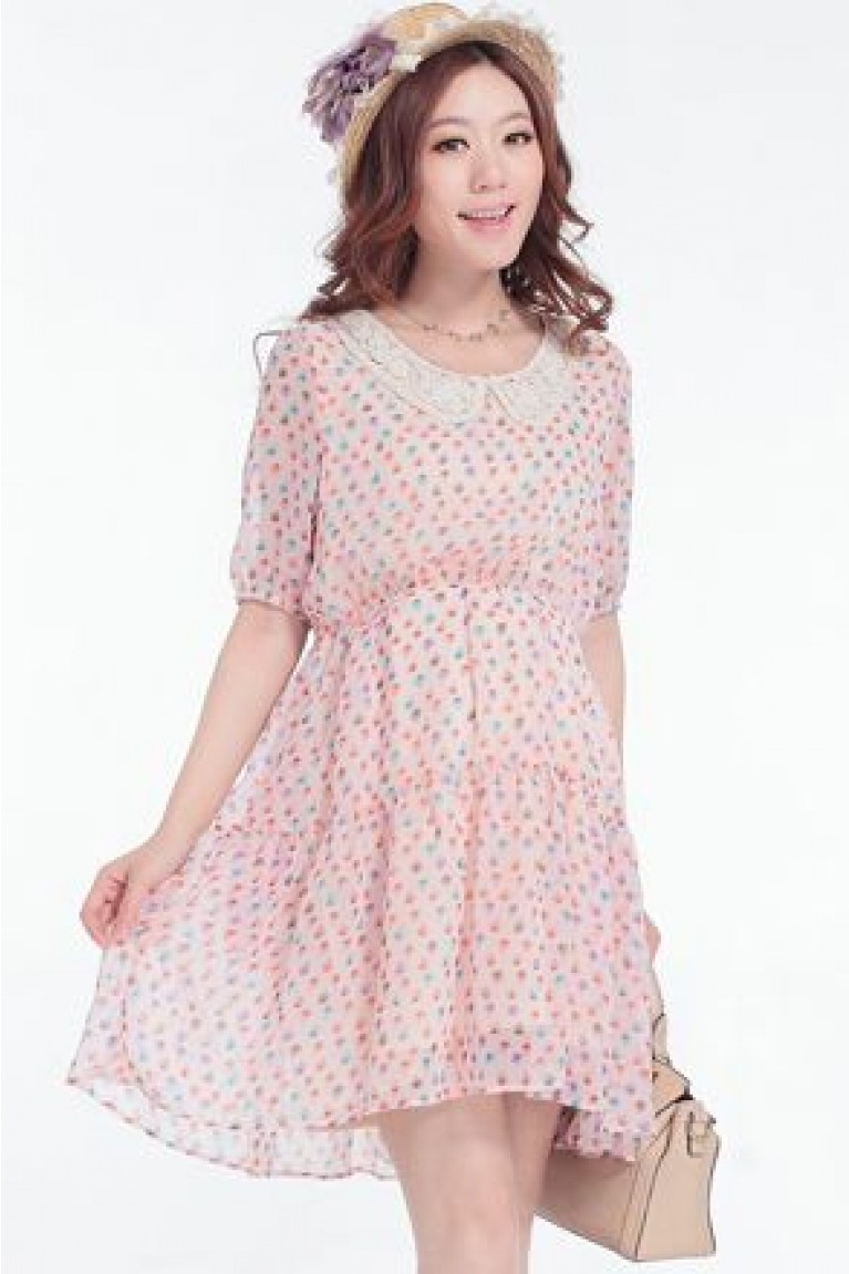 SGM81635 : Beautiful Crochet Floral Collar Short Sleeves Maternity Flared Dress
