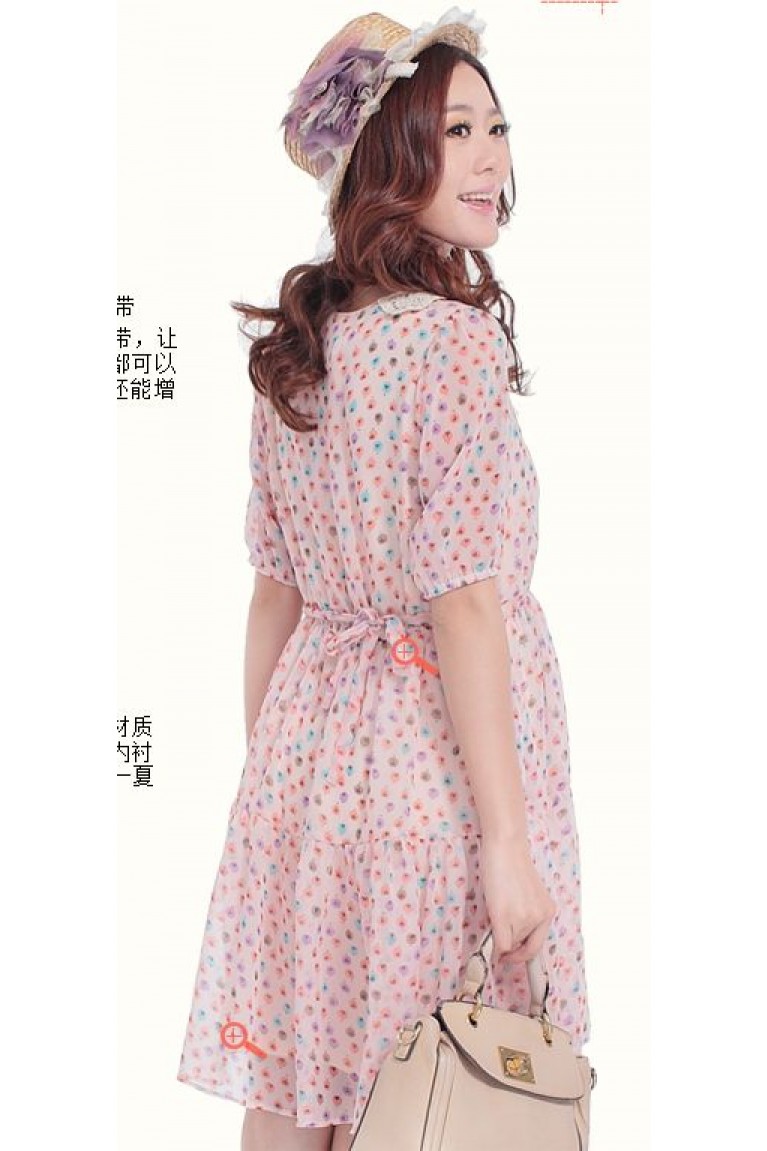 SGM81635 : Beautiful Crochet Floral Collar Short Sleeves Maternity Flared Dress