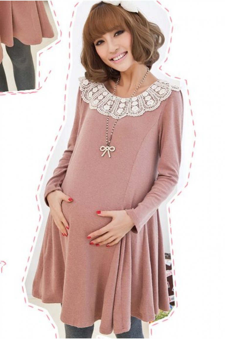 SGM81673 : Marernity Uneven Hemline Crochet Collar Dress