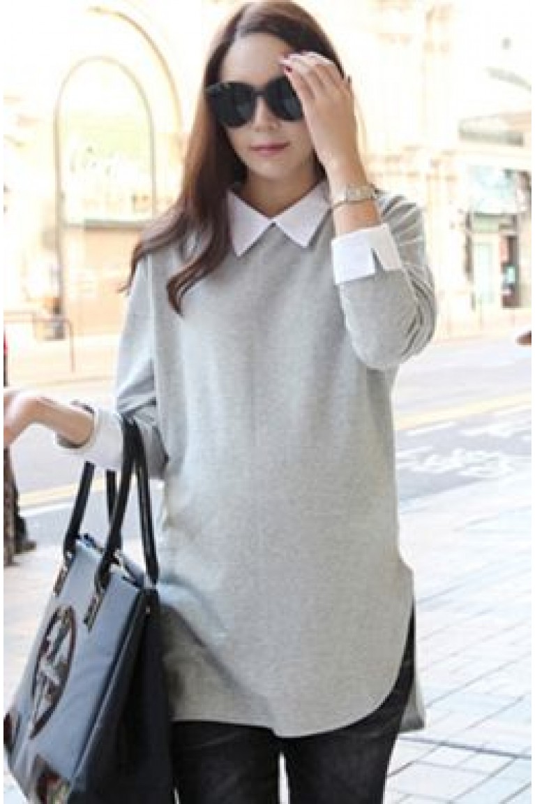 Stylish Plain Long Sleeves Maternity Blouse - Grey (L, XL)