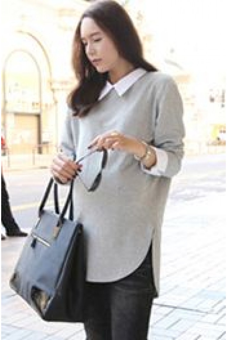 Stylish Plain Long Sleeves Maternity Blouse - Grey (L, XL)