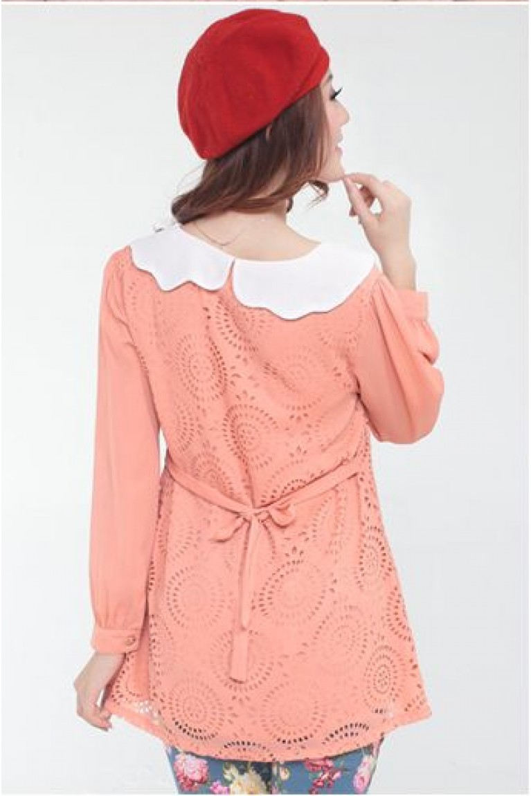 Flowers Hole Design Long Sleeve Blouse