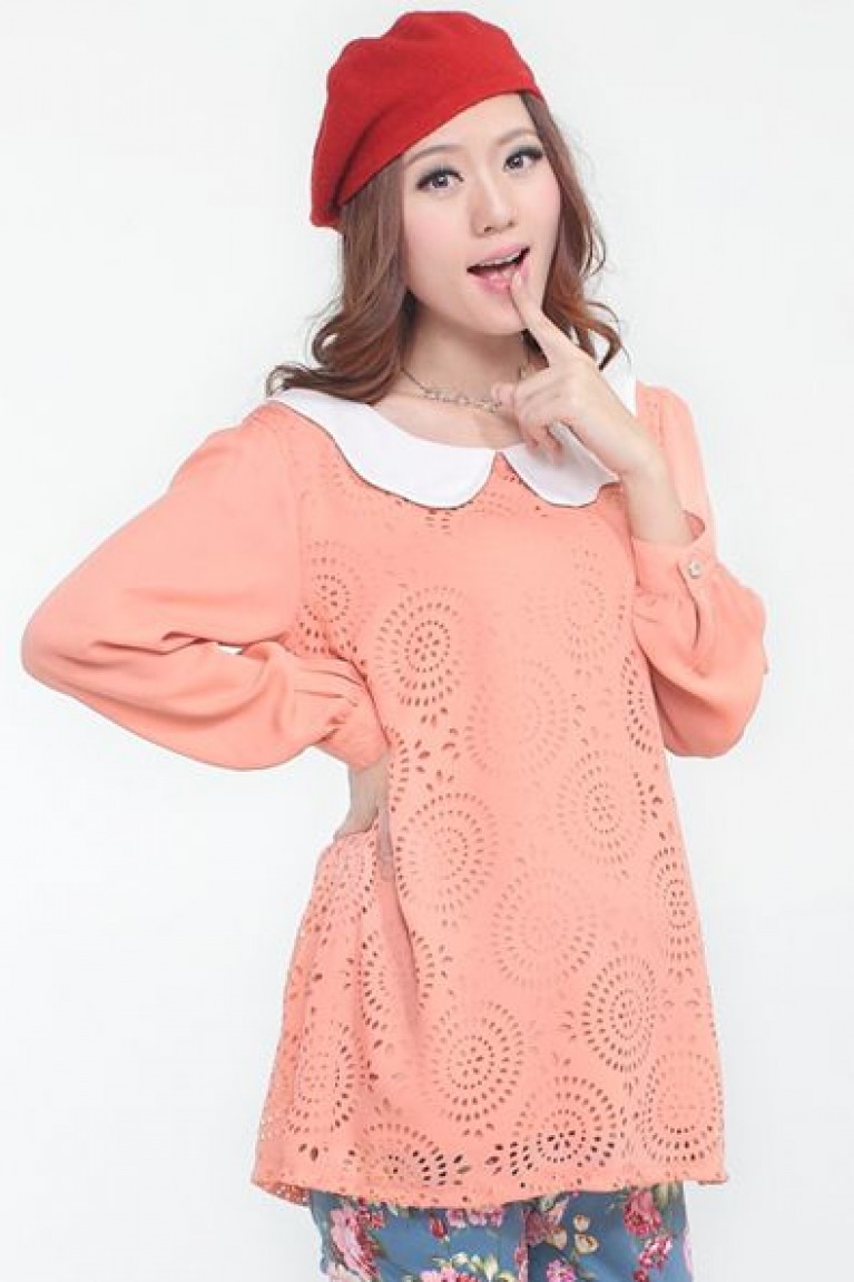 Flowers Hole Design Long Sleeve Blouse