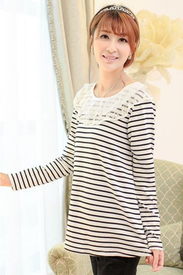 Stripe Lace Collar With Fake Pearl Maternity Top