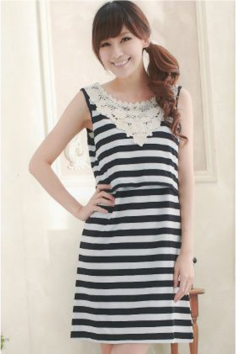 Crochet Patch Stripe Maternity + Nursing Shirt Dress 