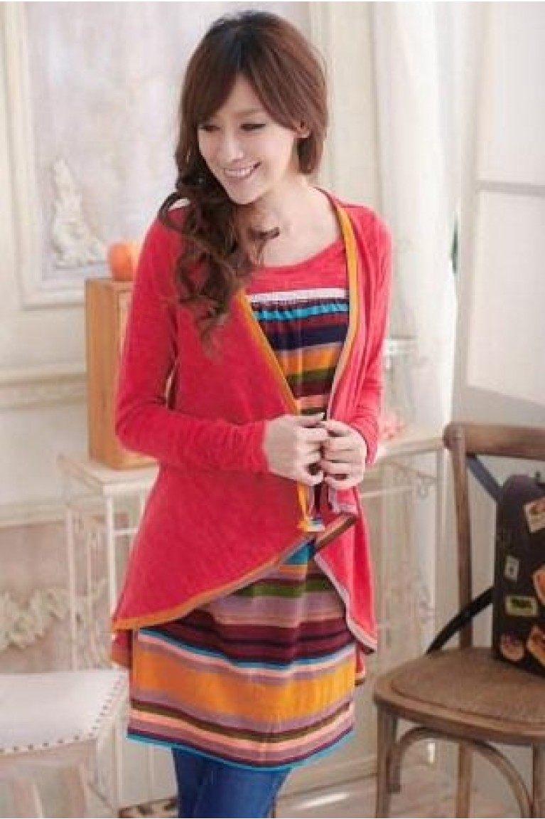 Stripe Design Maternity + Nursing Dress / Blouse With Attached Cardigan