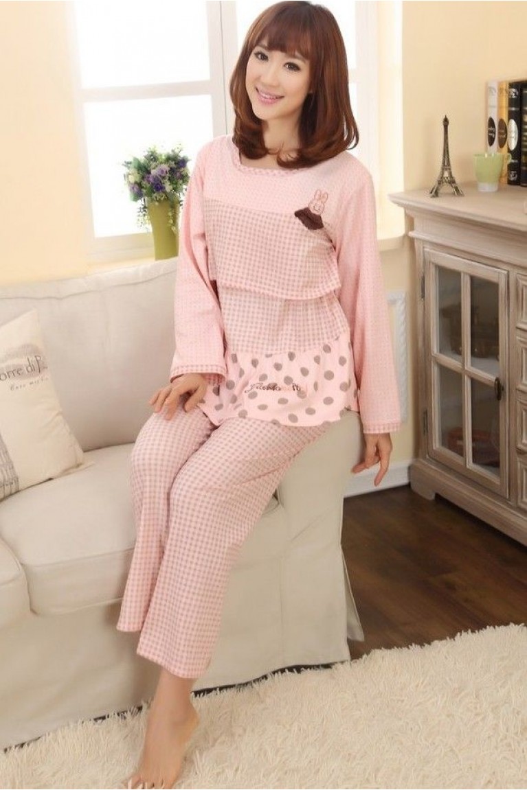 Maternity + Nursing Cute Rabbit Confinement Set / Sleep Wear - Light Pink (L, XL)
