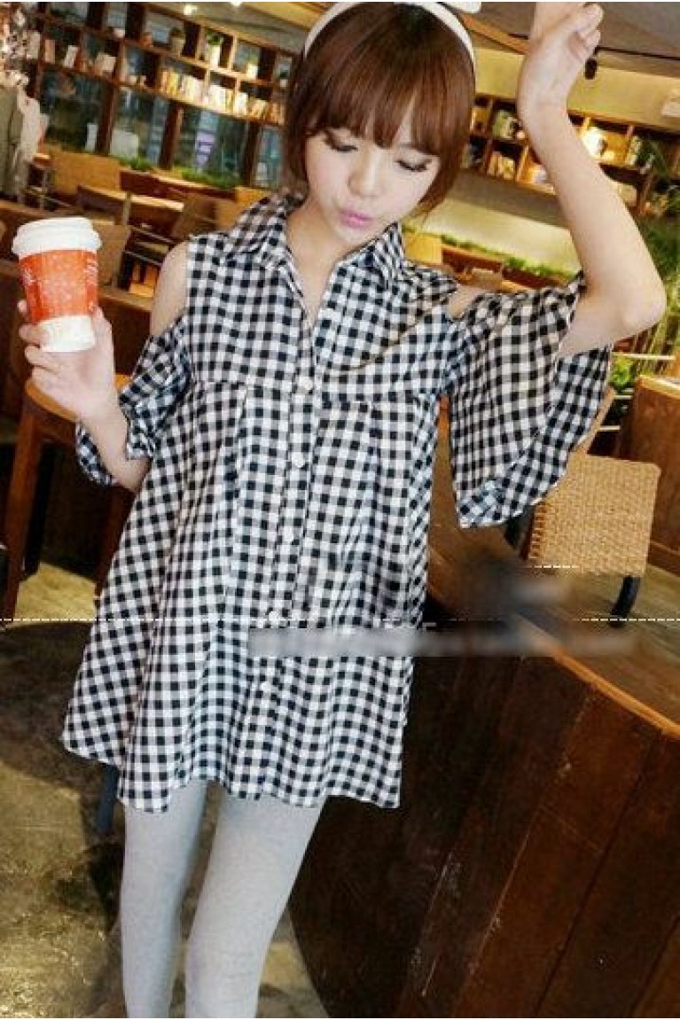 Checker Shoulder Cut Maternity Blouse