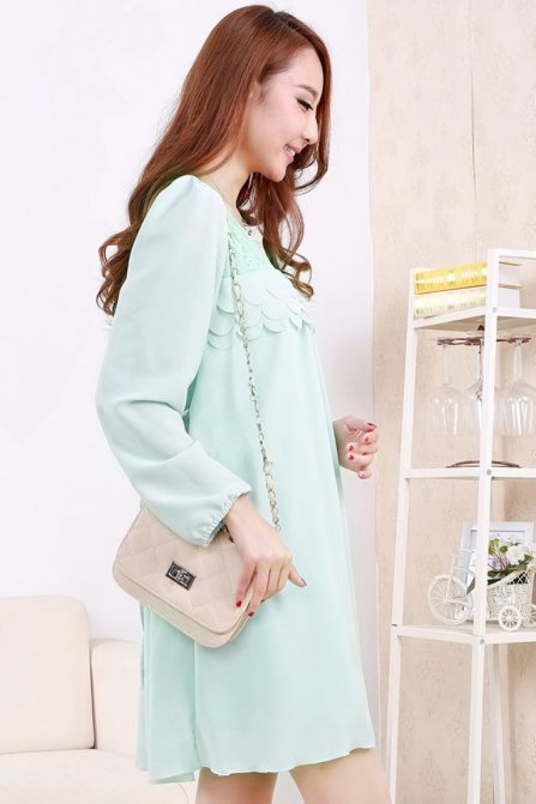 Maternity Upper Layer Lace Bust Long Sleeve Dress (M, L) - Green