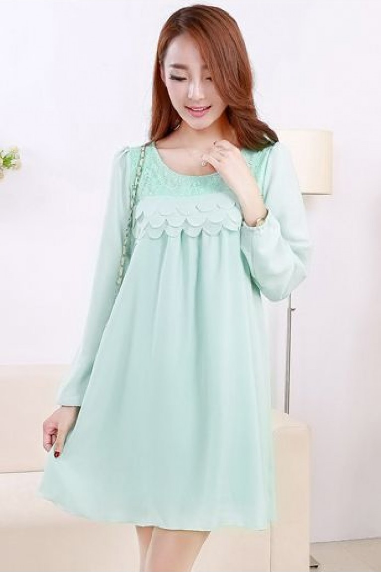 Maternity Upper Layer Lace Bust Long Sleeve Dress (M, L) - Green