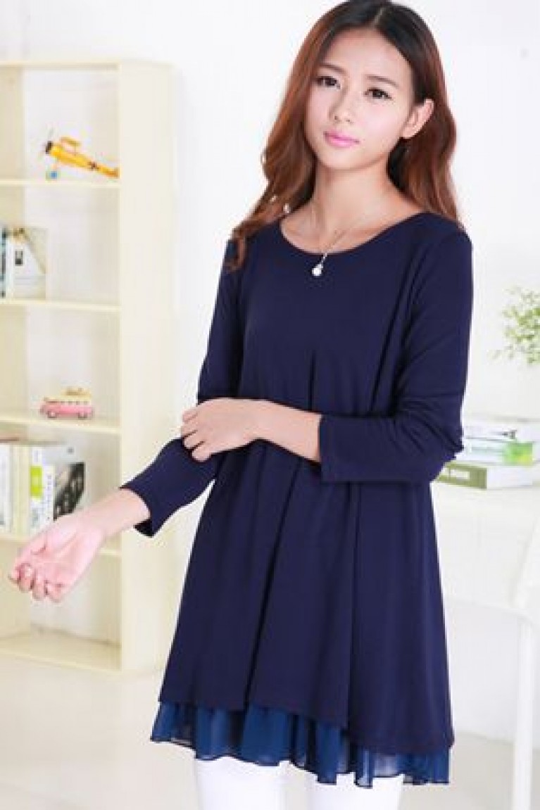 Maternity Ribbon Back Design Long Sleeve Top (M, L) - Dark Blue 