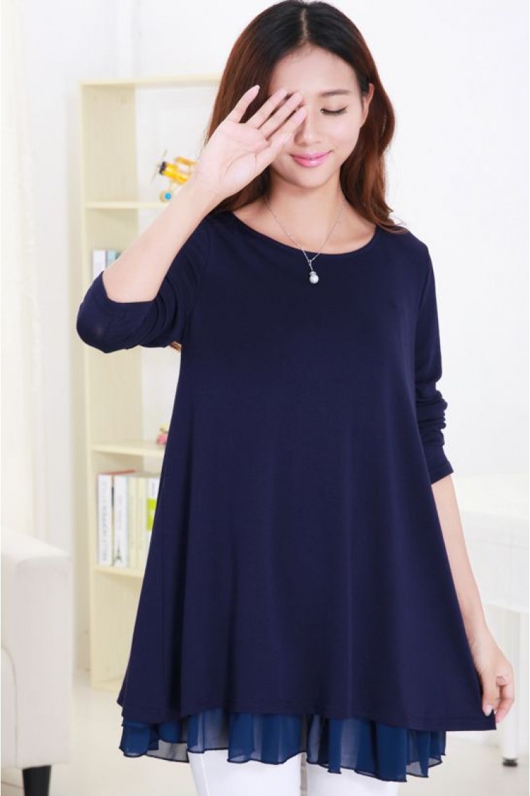 Maternity Ribbon Back Design Long Sleeve Top (M, L) - Dark Blue 