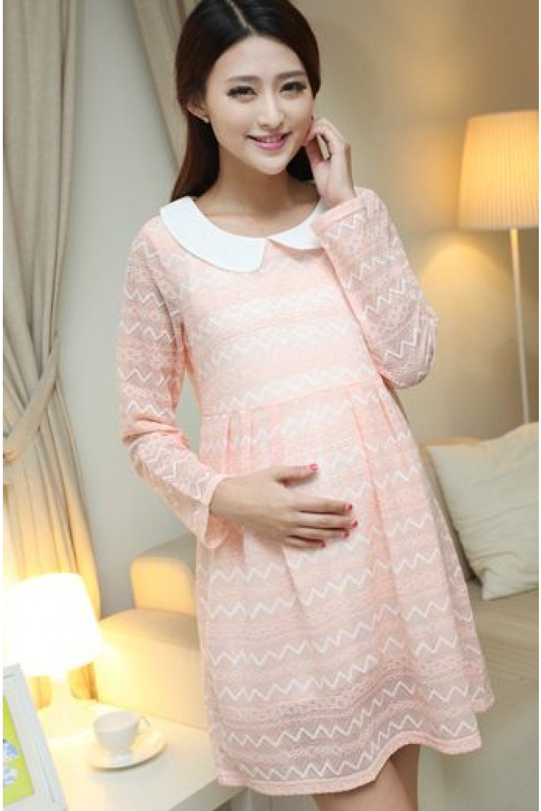 Maternity Peter Pan Collar Zig Zag Lace Design Dress (M, L)