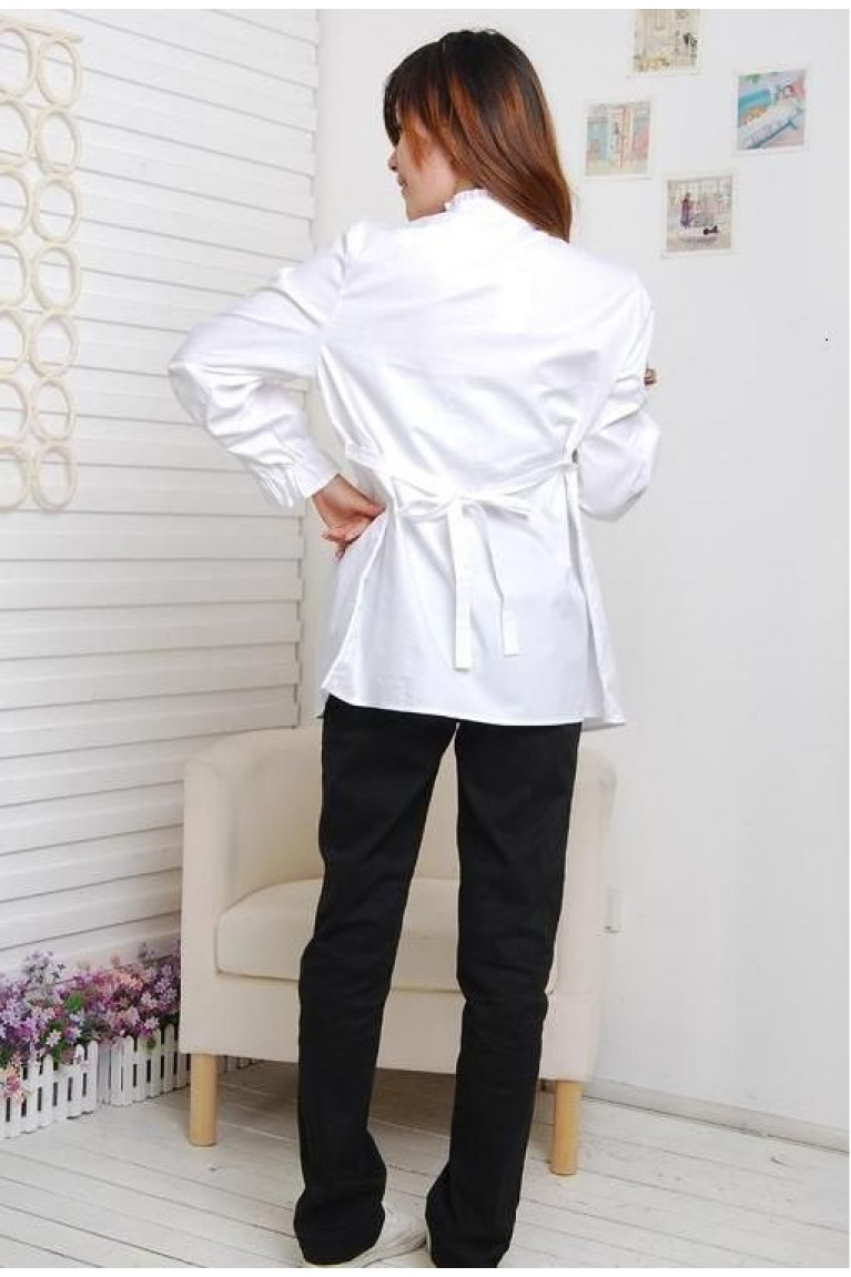 SGM8430 : Front Lace with Frill Stand Collar Long Sleeve Maternity Blouse - White