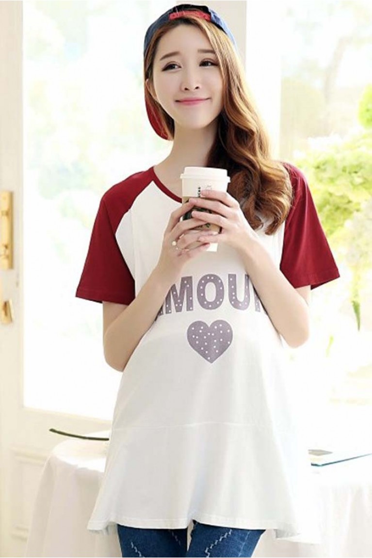 Maternity + Nursing Amour Love Print Flare Short Sleeve Top