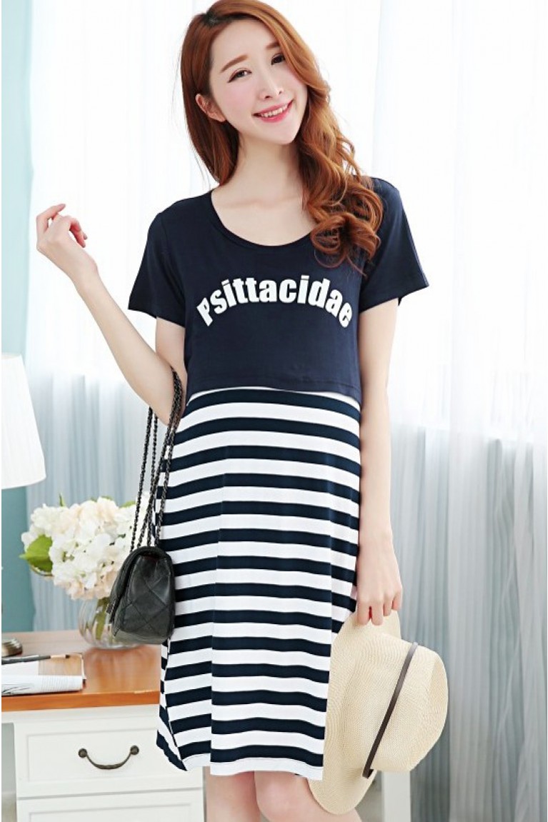Maternity "Psittacidae" Stripe Printed Short Sleeve Nursing Dress 