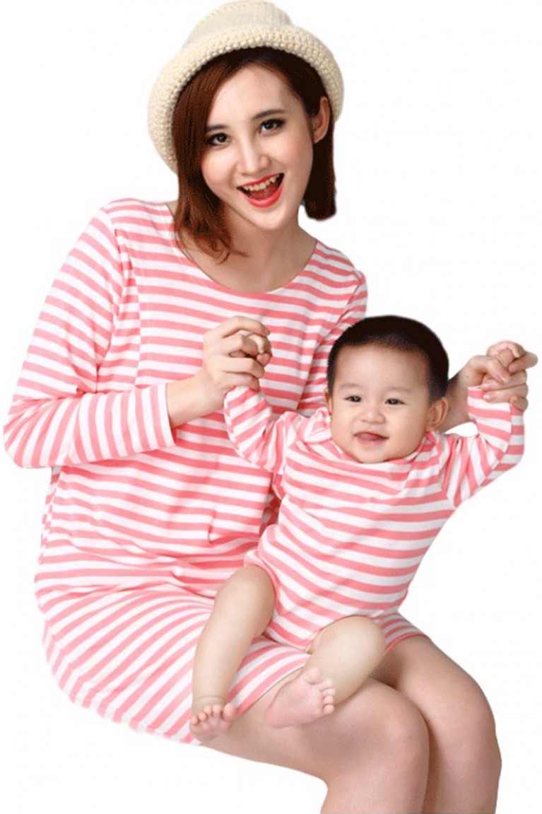 Stripe Long Sleeves Maternity + Nursing Dress with Baby Long Sleeves Romper Set - Pink