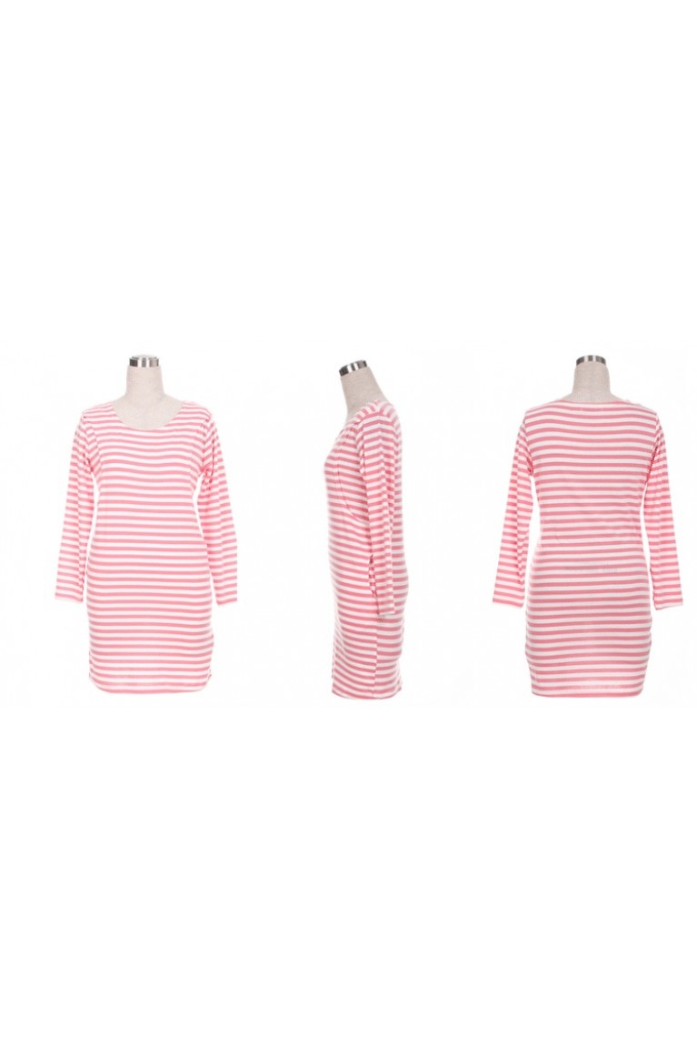 Stripe Long Sleeves Maternity + Nursing Dress with Baby Long Sleeves Romper Set - Pink