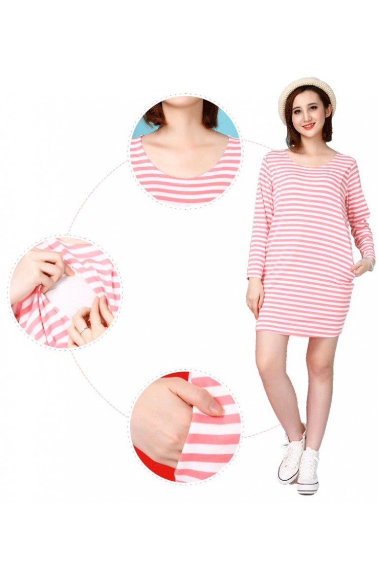 Stripe Long Sleeves Maternity + Nursing Dress with Baby Long Sleeves Romper Set - Pink